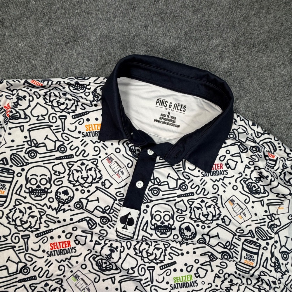 Pins & Aces Seltzer Saturdays Golf Polo Mens XL White Navy Bud Light Print 0990